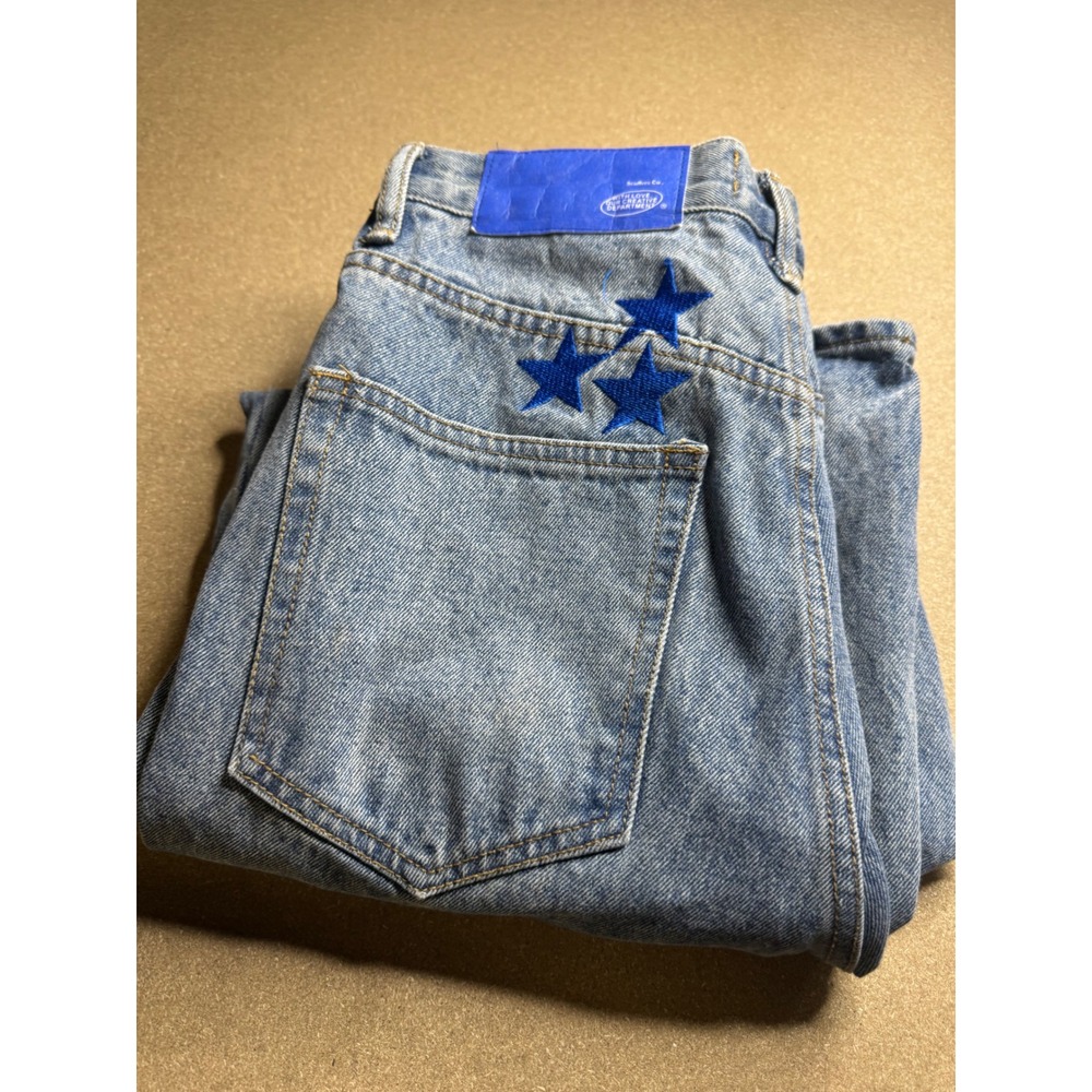Scuffers Mens Wide Leg Star Embroidered Jeans Light Wash Blue Size 34 Streetwear